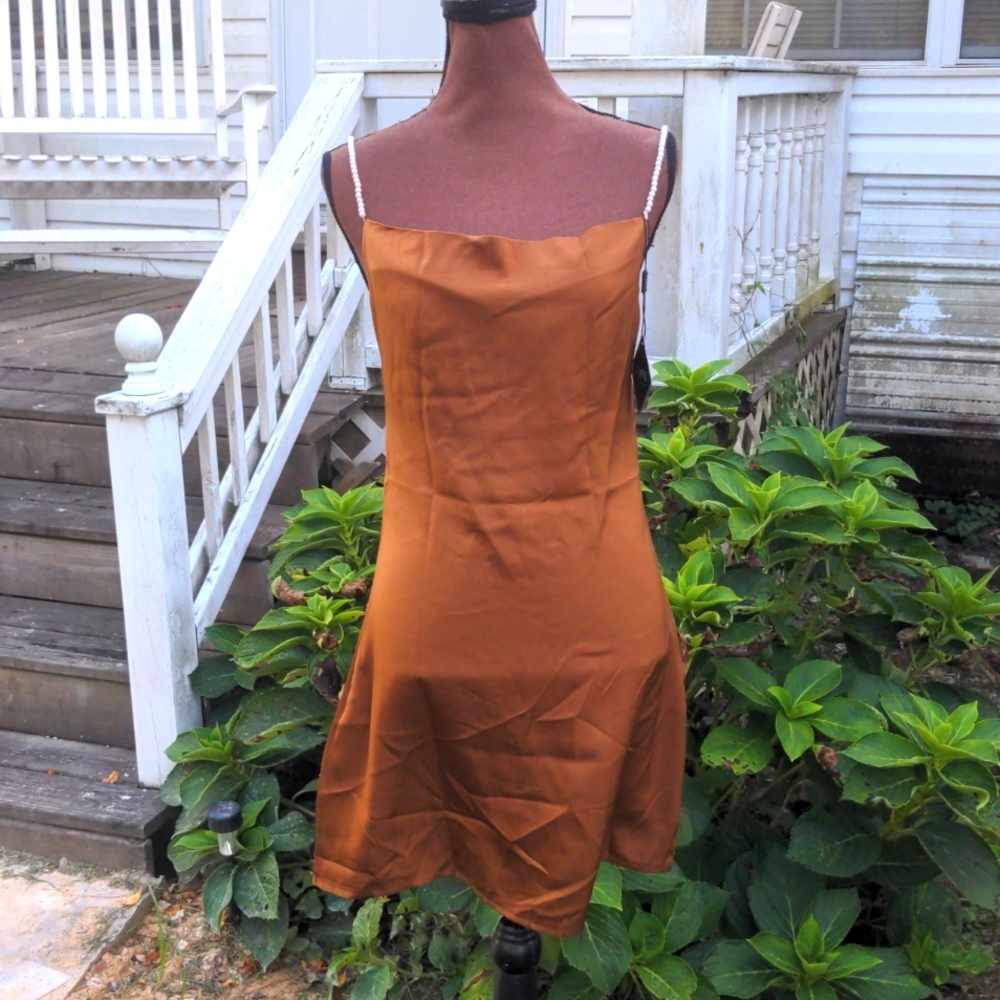 Zaful Golden Coffee Color Satin Pearl Strap Cowl Neck Cocktail Dress NWT